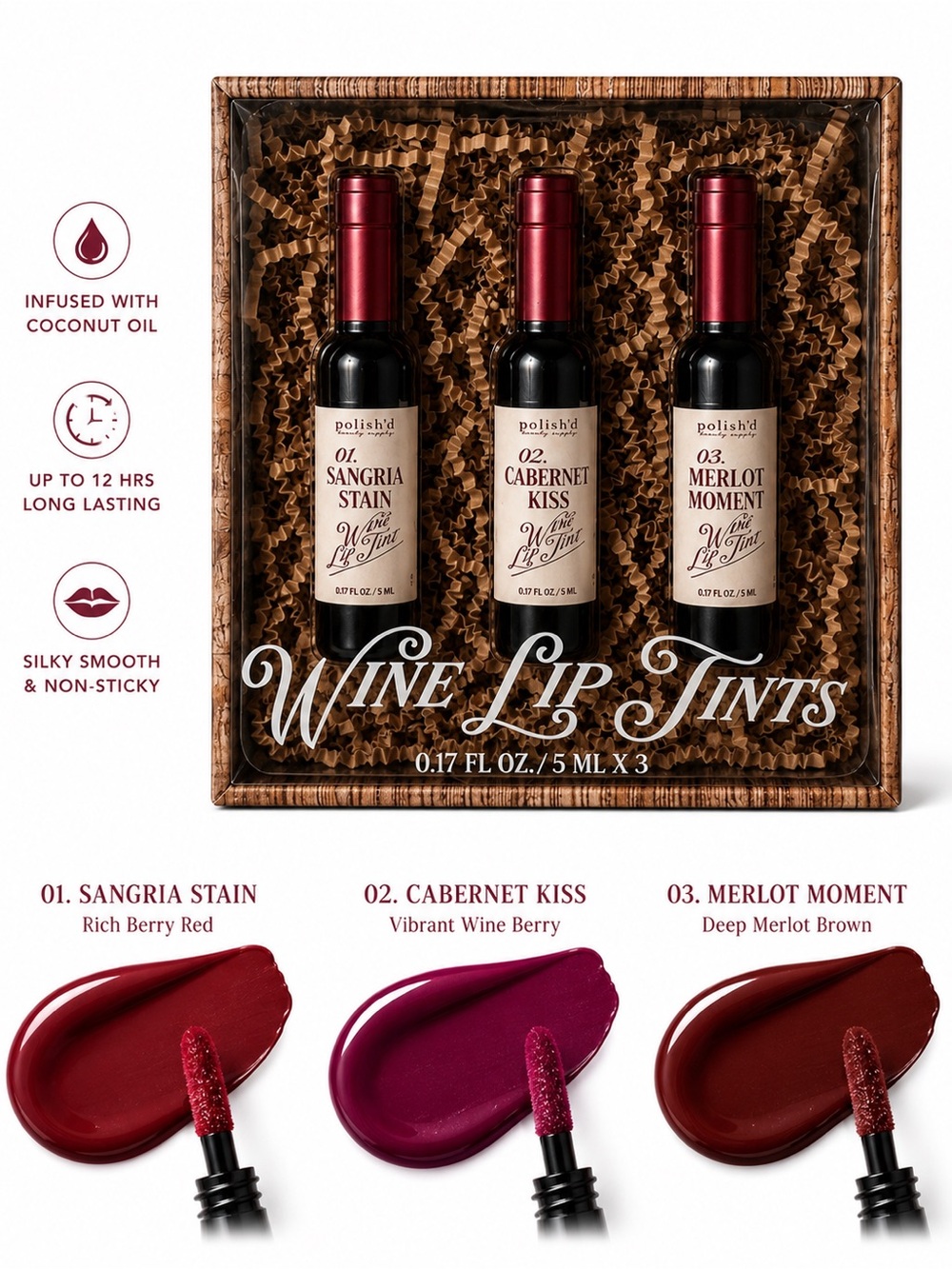 Polish’d Beauty Supply Wine Lip Tints 3-Piece Set | NIB